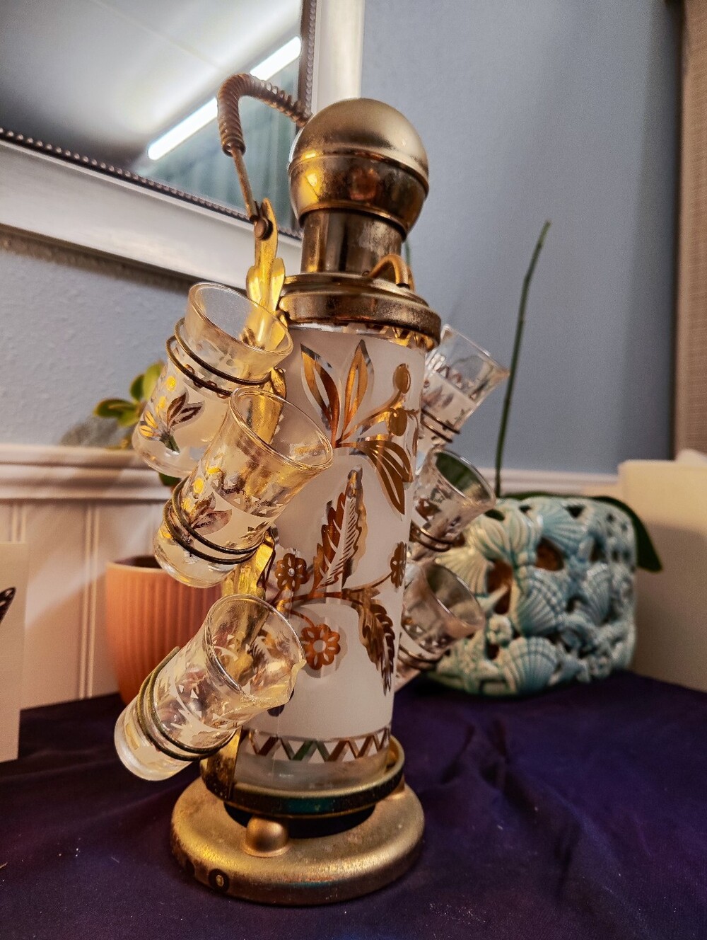 Vintage Gold-Trimmed Glass Liquor Decanter with Shot Glasses